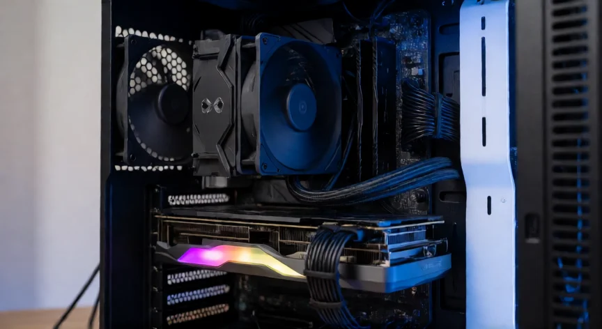 como aumentar mis fps en mi pc, Interior de un PC con GPU y disipador CPU visibles, optimizado para flujo de aire