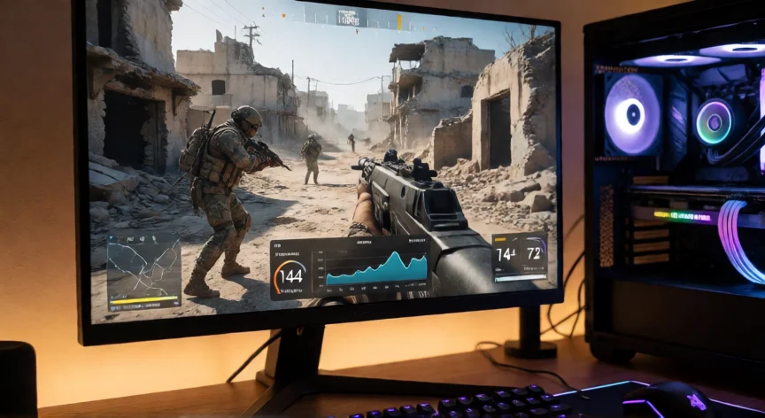 PC gaming con Warzone en pantalla mostrando 144 FPS y overlay de rendimiento
