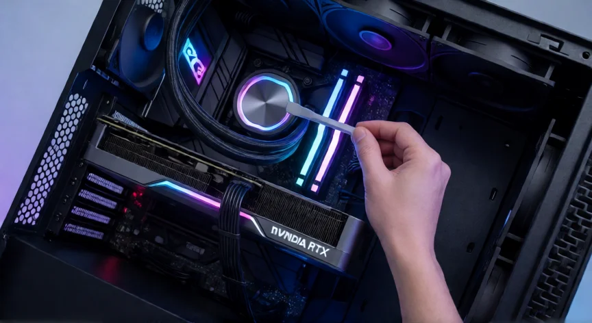 como aumentar mis fps en warzone, Interior de una torre de PC mostrando GPU, CPU con disipador y RAM con LED para optimizar rendimiento