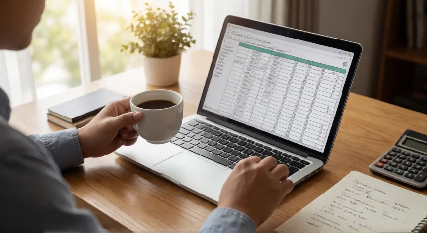 Persona analizando sus finanzas personales en su escritorio con laptop y notas