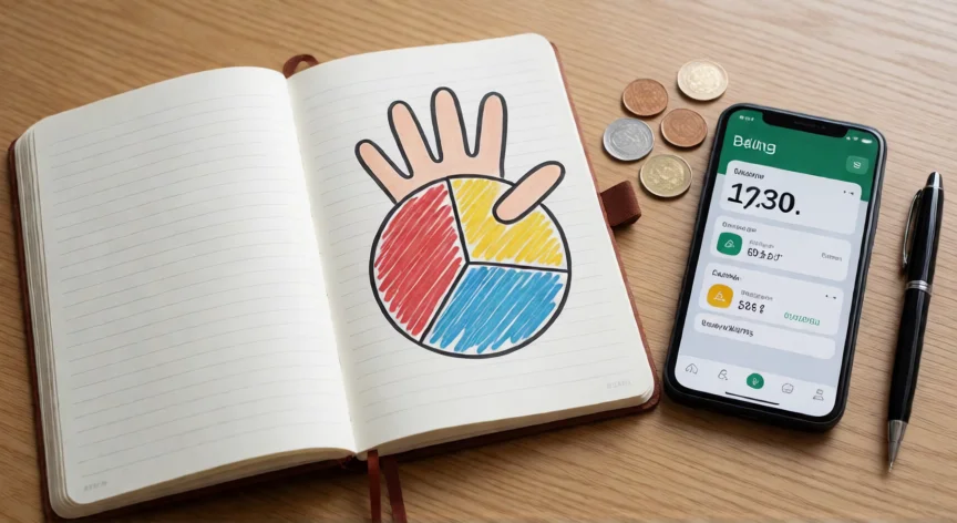 como aumentar mis ganancias, Cuaderno con gráfico de presupuesto y teléfono con app bancaria sobre mesa de madera
