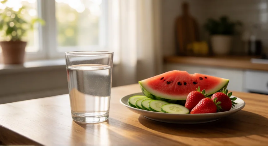 Vaso de agua y frutas ricas en agua sobre mesa de madera con luz natural