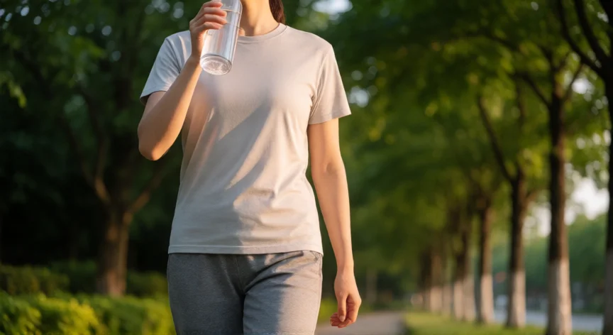 como aumentar mis ganas de orinar, Persona bebiendo agua al aire libre durante un paseo matutino