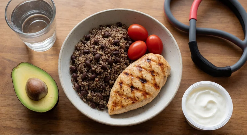 como aumentar mis gluteos en una semana, Comida rica en proteína: pollo asado, quinoa, legumbres y yogur para recuperación muscular