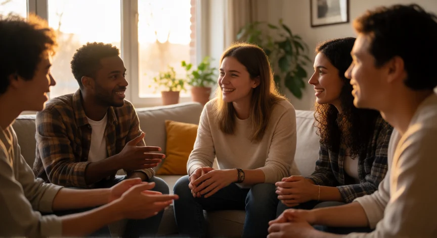 como aumentar mis habilidades sociales, Grupo de personas conversando de forma relajada en un salón acogedor
