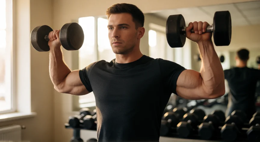 como aumentar mis hombros, Hombre realizando leviatamiento lateral con mancuernas en el gimnasio mostrando deltoides definidos