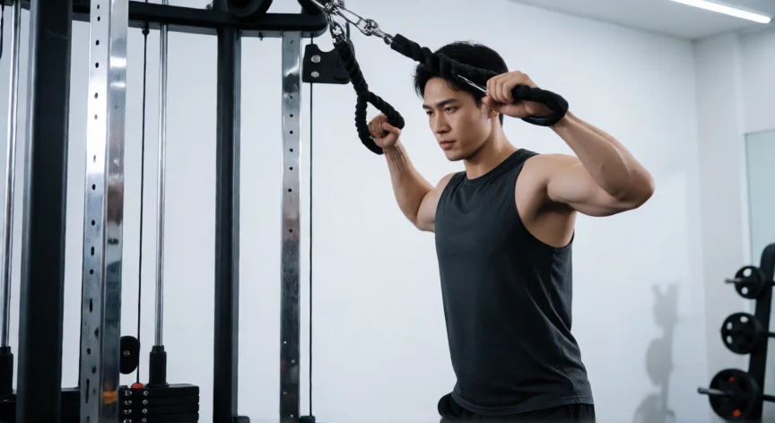como aumentar mis hombros, Ejercicio de face pull con polea para desarrollo de deltoides posterior en gimnasio