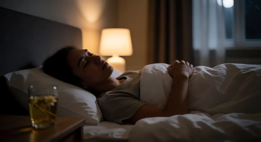 Persona durmiendo en habitación oscura con luz cálida de lámpara de noche