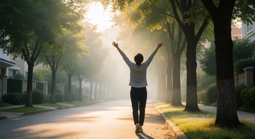 como aumentar mis horas de sueño, Persona estirándose al aire libre con luz matinal para regular el reloj circadiano