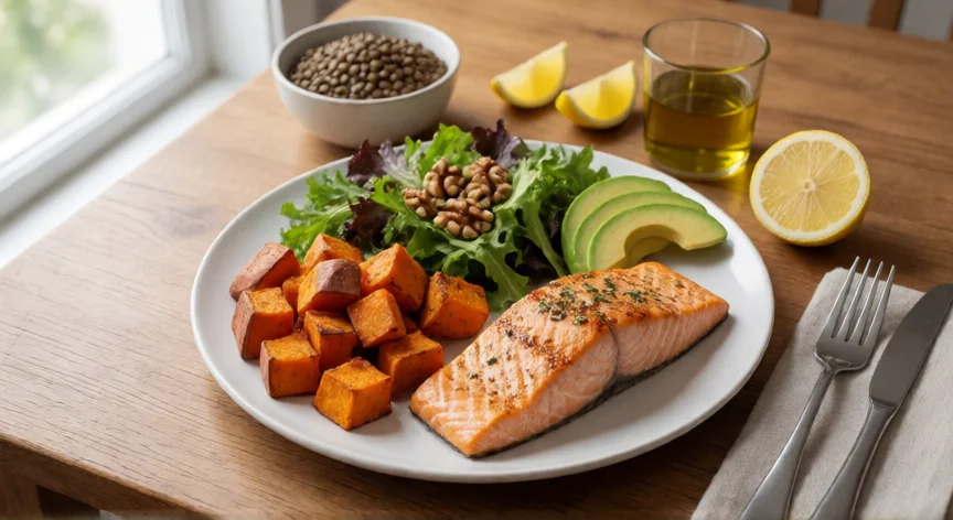 como aumentar mis hormonas, Plato equilibrado con salmón, verduras, nueces y grasa saludable para apoyar la síntesis hormonal
