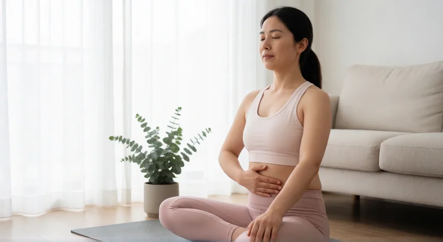 como aumentar mis hormonas femeninas, Mujer practicando respiración diafragmática en un entorno tranquilo para reducir el estrés y el cortisol