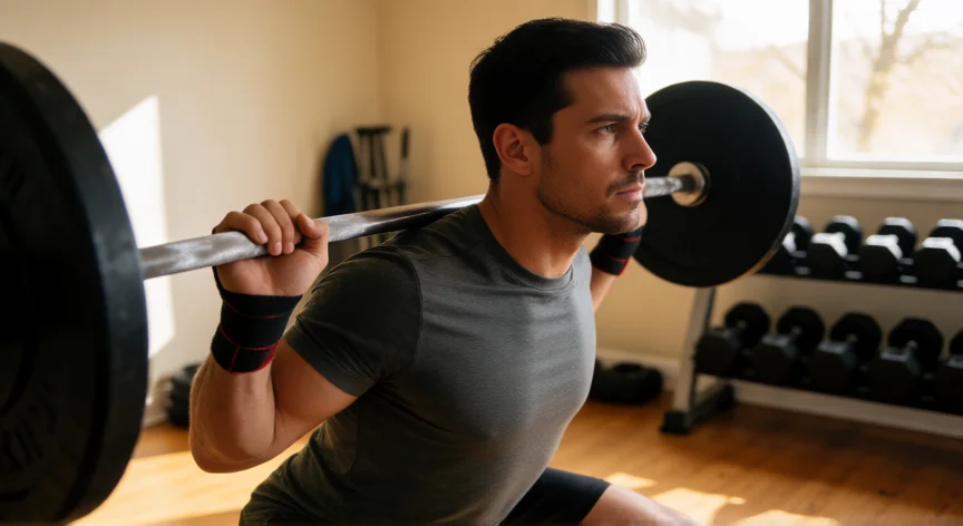 Hombre realizando sentadilla con barra en gimnasio de fuerza