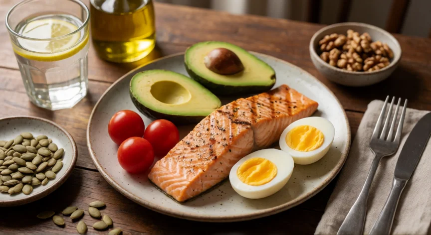 como aumentar mis hormonas masculinas, Plato equilibrado con salmón, aguacate y semillas para optimizar testosterona
