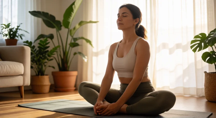 como aumentar mis hormonas para embarazarme, Mujer practicando yoga suave en casa para reducir el estrés y equilibrar hormonas