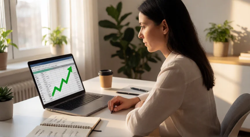 como aumentar mis ingresos, Mujer profesional analizando sus ingresos y planificando estrategias en su escritorio