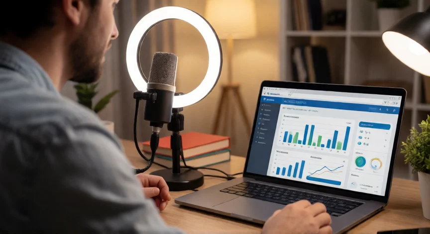 como aumentar mis ingresos en facebook, Creador de contenido en su estudio trabajando en la monetización de Facebook