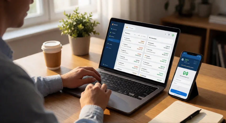 Persona gestionando sus ingresos digitales en Mercado Pago desde su escritorio de trabajo