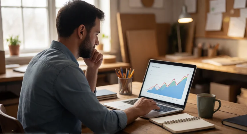 como aumentar mis ingresos en mi negocio, Emprendedor analizando métricas de ventas en su pequeño negocio