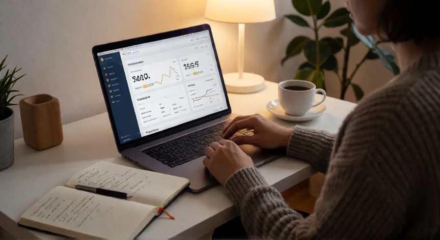 como aumentar mis ingresos en mi tiempo libre, Persona trabajando en su ordenador en casa por la noche generando ingresos extra