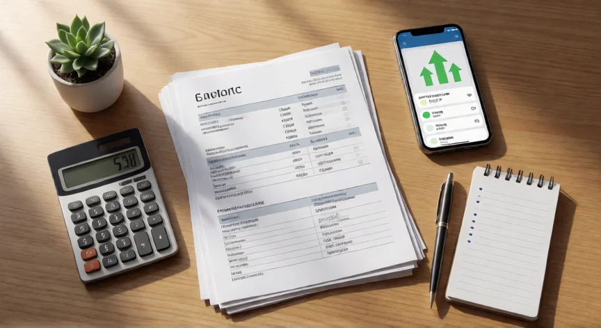 como aumentar mis ingresos mensuales, Mesa de trabajo con calculadora, extractos bancarios y móvil mostrando inversiones al alza