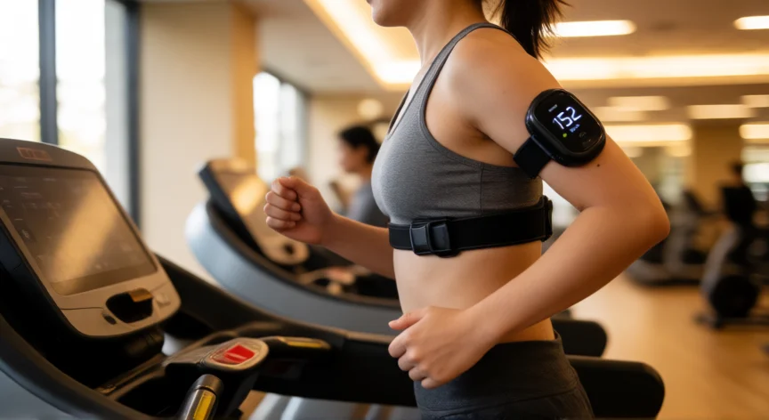 como aumentar mis latidos del corazon, Persona corriendo en cinta con monitor de frecuencia cardíaca en el pecho