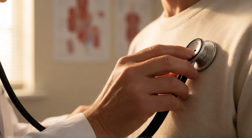 como aumentar mis latidos del corazon, Médico auscultando el corazón de un paciente con estetoscopio
