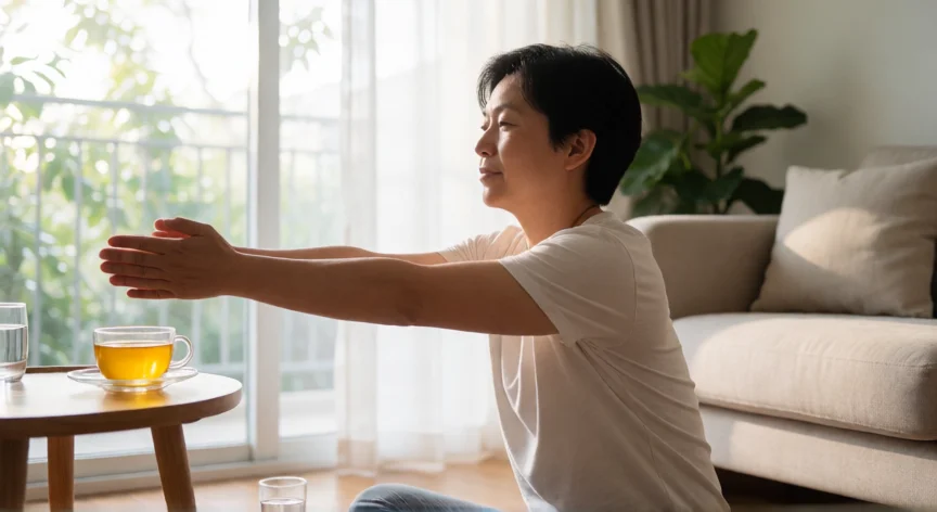 como aumentar mis leucocitos, Persona practicando yoga suave en un ambiente tranquilo con té de cúrcuma y jengibre