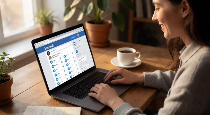 como aumentar mis likes en facebook, Mujer revisando sus métricas de likes en Facebook desde su escritorio