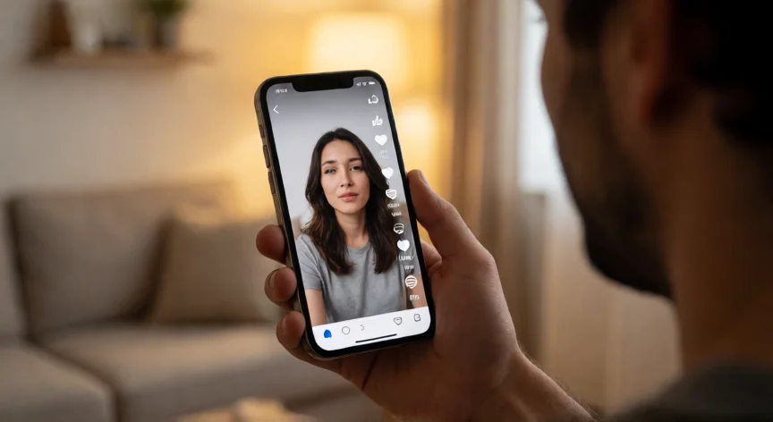 como aumentar mis likes en facebook, Persona viendo un Reel de Facebook con alta interacción en su móvil