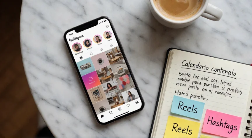 como aumentar mis likes en instagram, Planificación de contenido para Instagram vista cenital con apuntes y móvil