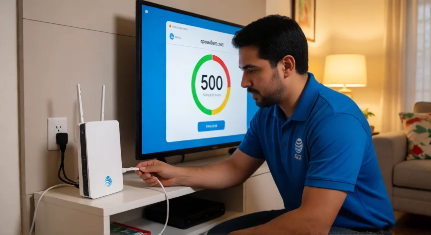 Técnico de AT&T/Telmex configurando módem de fibra óptica en un hogar mexicano