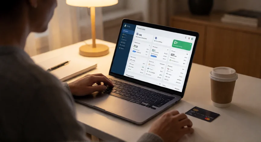 como aumentar mis millas benefit, Persona revisando su panel de millas en una laptop con la tarjeta de crédito al lado