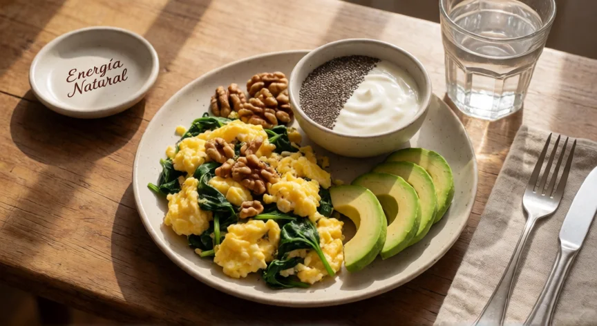 como aumentar mis niveles de dopamina, Desayuno rico en tirosina con huevos, frutos secos y aguacate para apoyar la dopamina