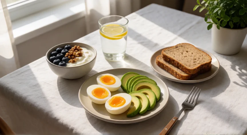 como aumentar mis niveles de energia, Desayuno equilibrado con huevos, aguacate, frutos secos y agua para energía sostenida