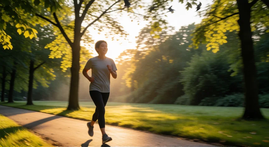 como aumentar mis niveles de energia, Persona caminando al aire libre por la mañana para activar energía y regular el ritmo circadiano