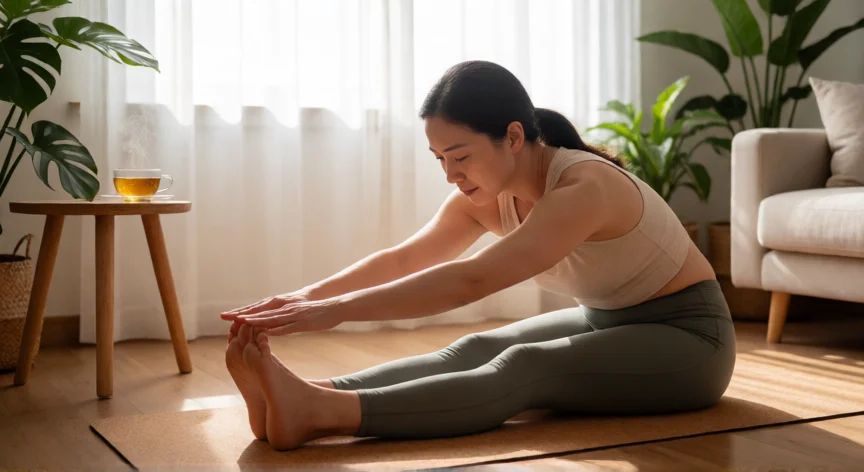 como aumentar mis niveles de estrogeno naturalmente, Mujer practicando yoga suave en casa para reducir el estrés y favorecer el equilibrio hormonal
