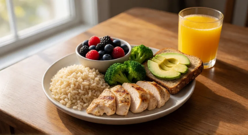 como aumentar mis niveles de nad, Plato equilibrado con arroz integral, pollo, verduras y zumo de naranja