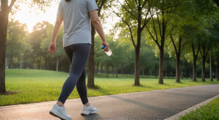 como aumentar mis niveles de nad, Persona caminando por un parque para regular la glucosa post comida