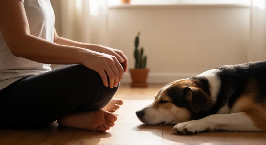 como aumentar mis niveles de oxitocina, Persona meditando en el suelo con un perro a sus pies, mostrando mindfulness y vínculo animal para reducir estrés