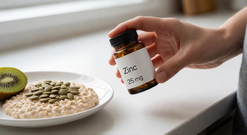 como aumentar mis niveles de zinc, Suplemento de zinc junto a un desayuno con semillas de calabaza y kiwi