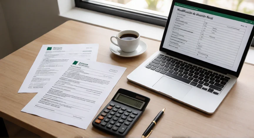 como aumentar mis obligaciones ante el sat, Documentos fiscales mexicanos y laptop con formulario de modificación de situación fiscal en SAT