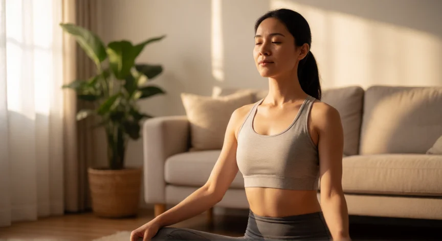 como aumentar mis ovulos, Mujer practicando yoga suave en casa para reducir el estrés y mejorar la fertilidad