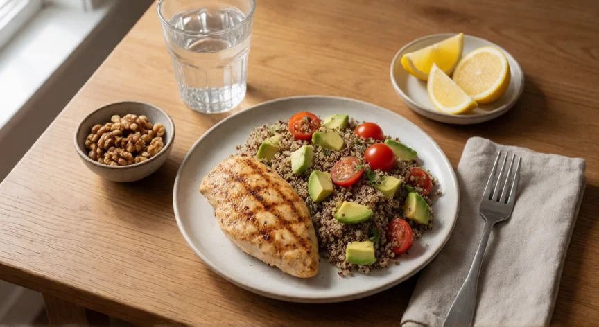 como aumentar mis pechos, Comida equilibrada con proteína, grasas saludables y vegetales sobre mesa de madera