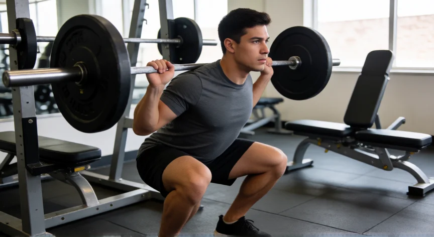 como aumentar mis piernas rapidamente, Hombre realizando sentadilla con barra en el gimnasio mostrando definición muscular en piernas