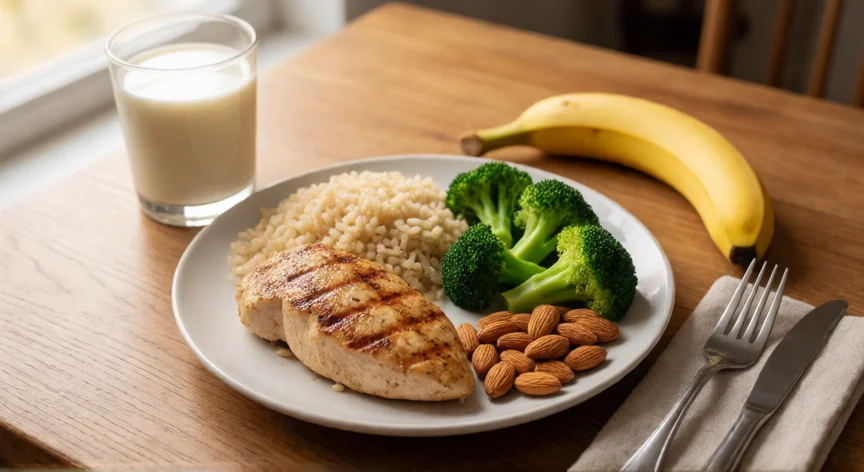 como aumentar mis piernas rapidamente, Comida post-entreno con pollo, arroz, brócoli y almendras para hipertrofia muscular