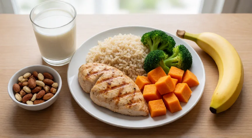 como aumentar mis piernas y gluteos, Comida equilibrada con proteína, carbohidratos y verduras para ganancia muscular