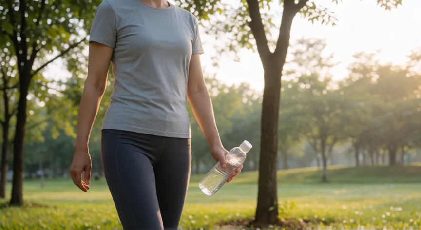 como aumentar mis plaquetas, Persona caminando por un parque al amanecer como hábito para la salud