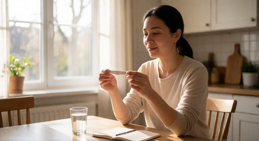como aumentar mis posibilidades de quedar embarazada, Mujer revisando un test de ovulación positivo en su cocina por la mañana