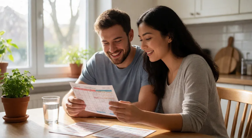 Pareja revisando calendario de ciclo y test de ovulación en la cocina