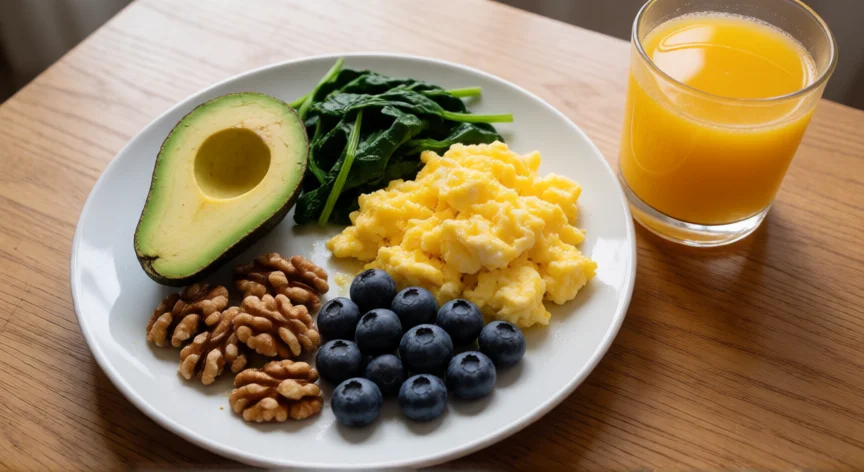 como aumentar mis probabilidades de embarazo, Desayuno equilibrado con aguacate, huevos, espinacas y frutos secos para la fertilidad
